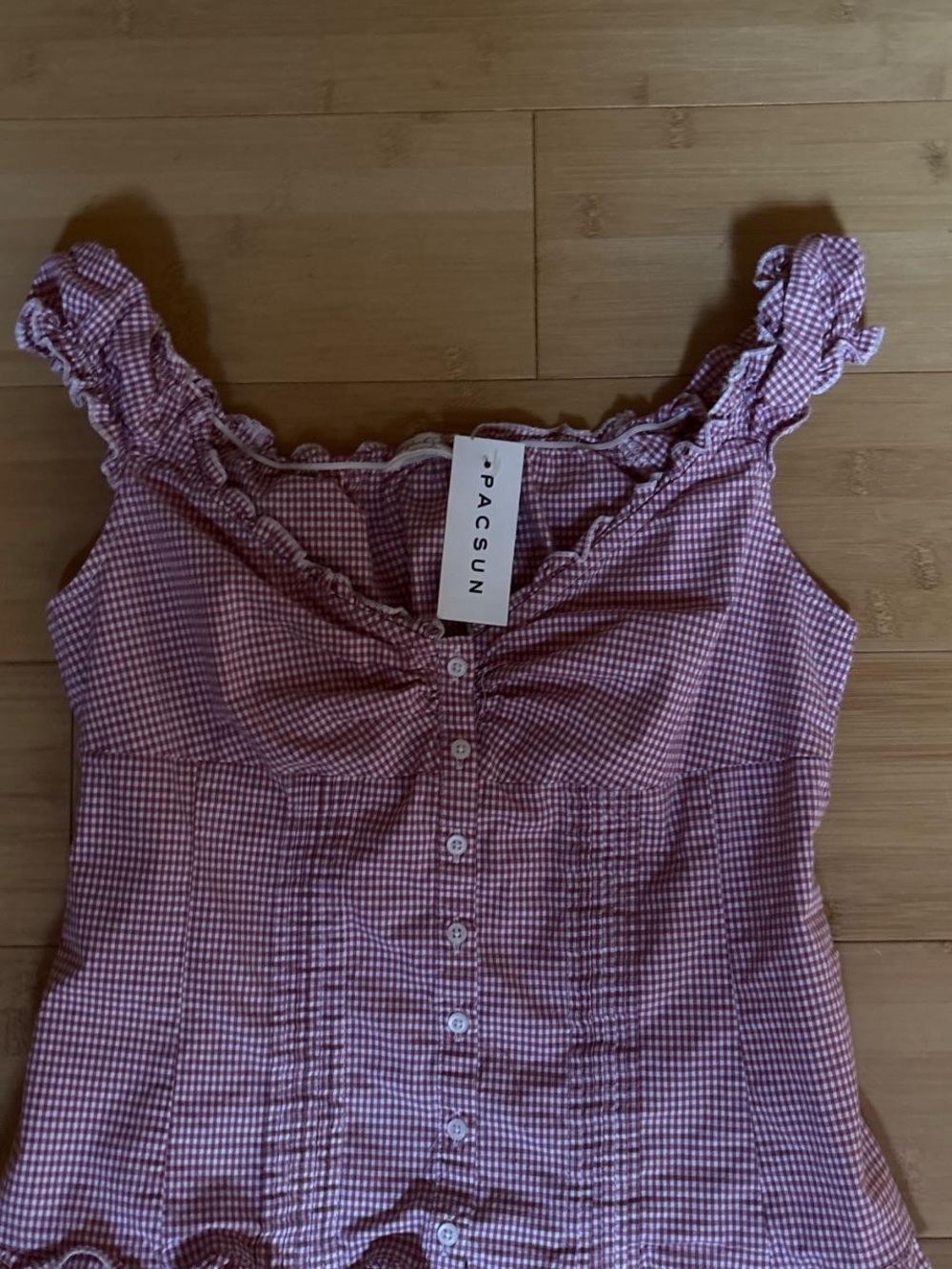 Brandy Melville Pink Gingham Ruffle Button Tank